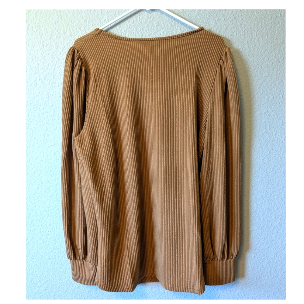 Tan Long Sleeve Square Neck Puff Sleeves Relaxed Blouse Top Sz XL - Picture 6 of 13